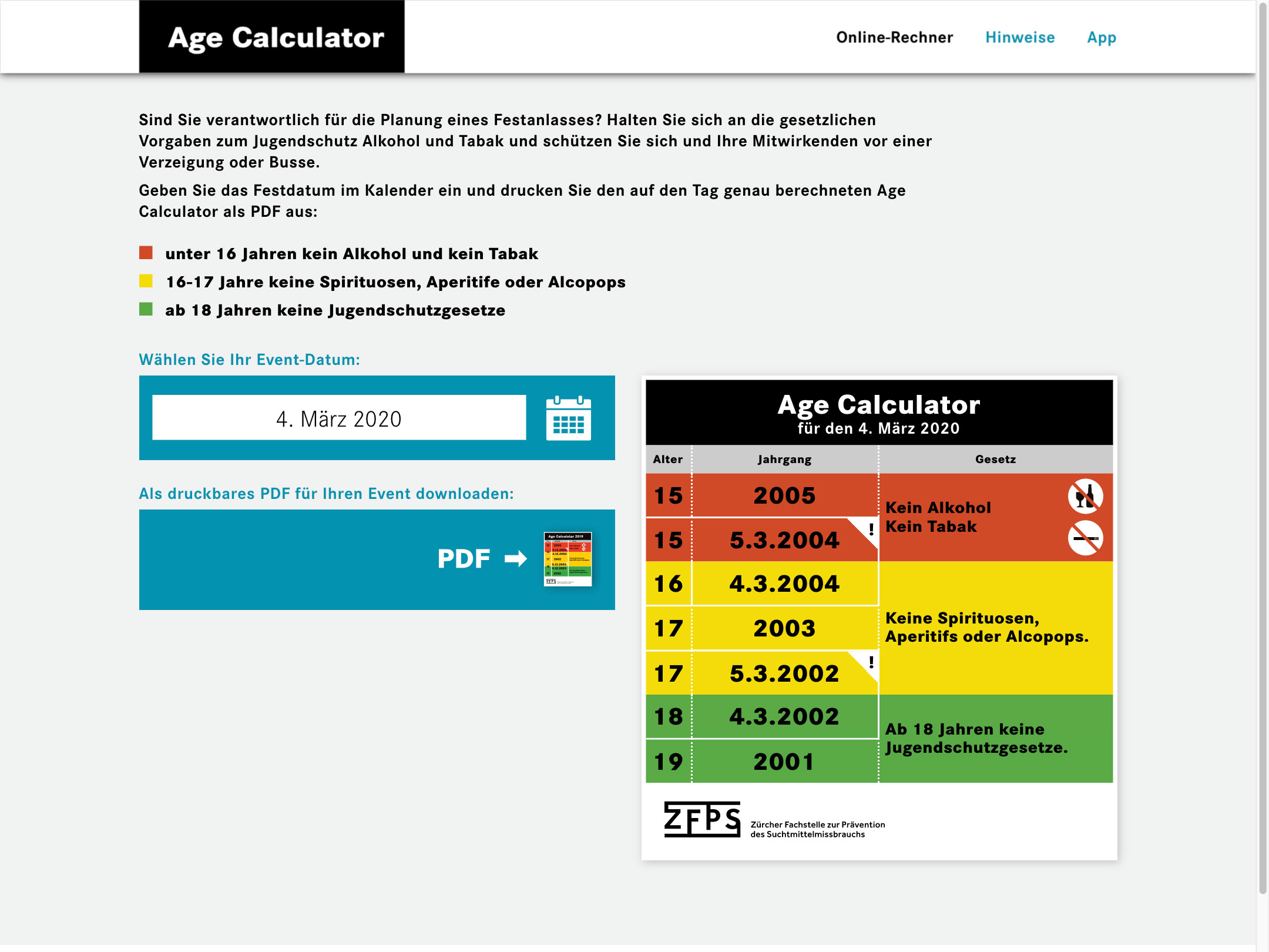 Online Age Calculator für die ZFPS – Desktop-Ansicht
