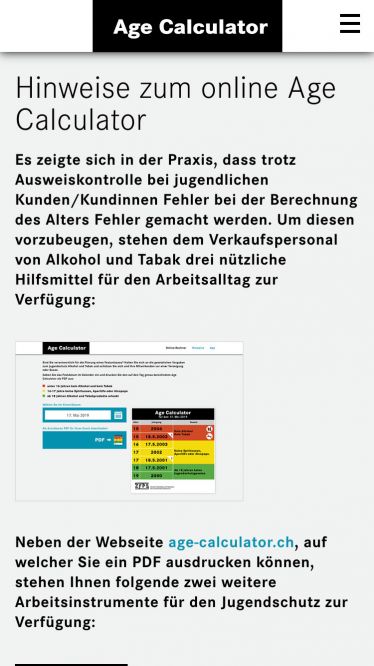 Online Age Calculator für die ZFPS – mobile Ansicht