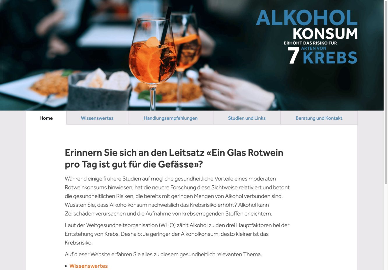 Aufklärungs-Internetseite «Alkohol und Krebs» – Desktop-Ansicht