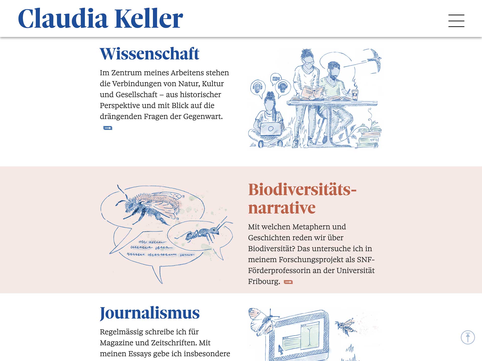 Startseite von claudia-keller.ch mit Porträt und den Themenbereichen – Desktop-Ansicht