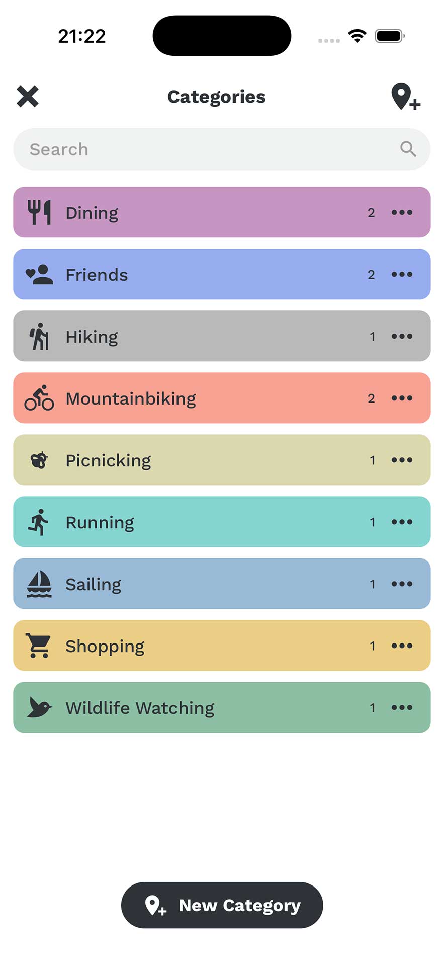 Coroo App – Kategorien