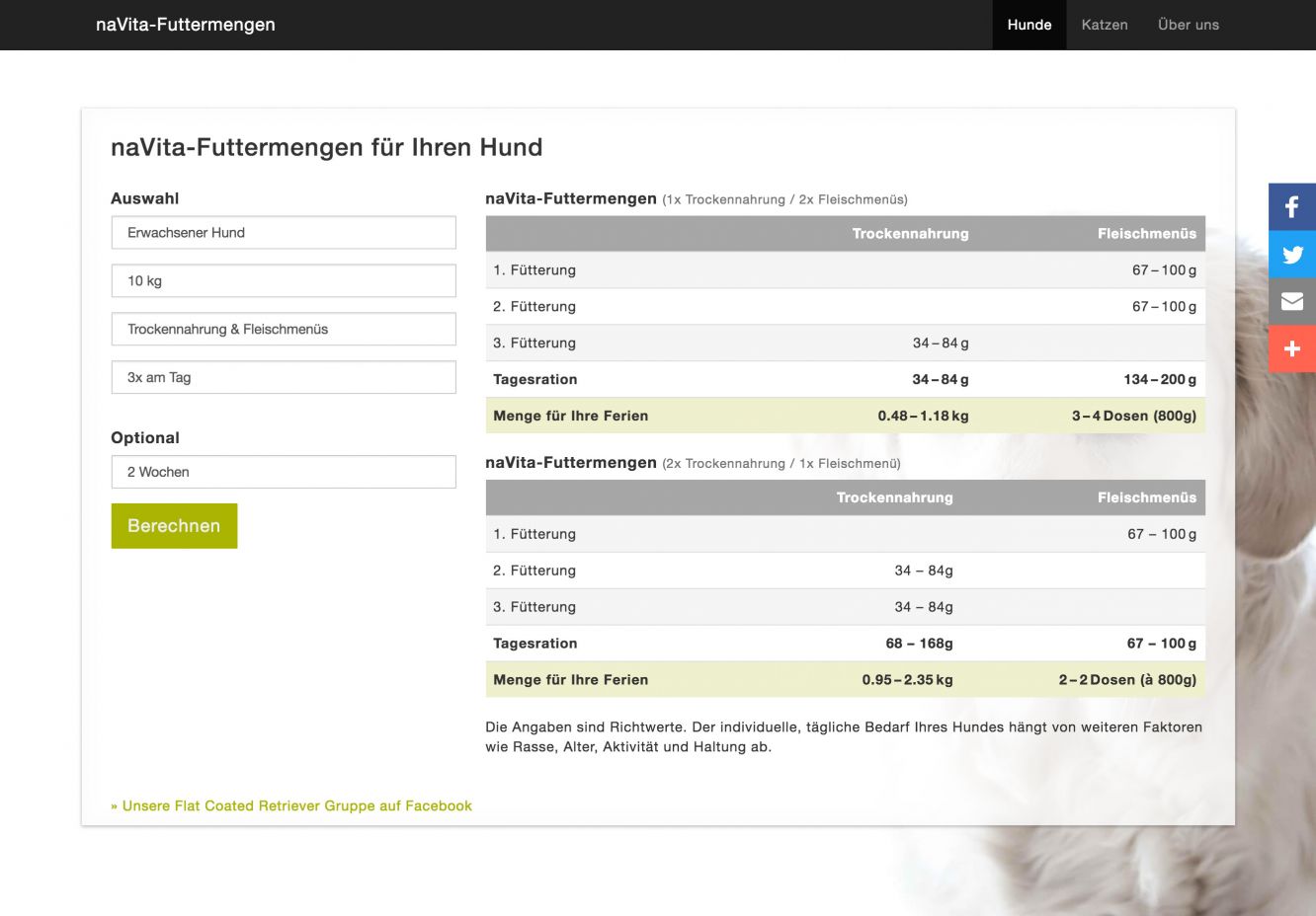 Navita Futtermengenrechner – Desktop-Ansicht