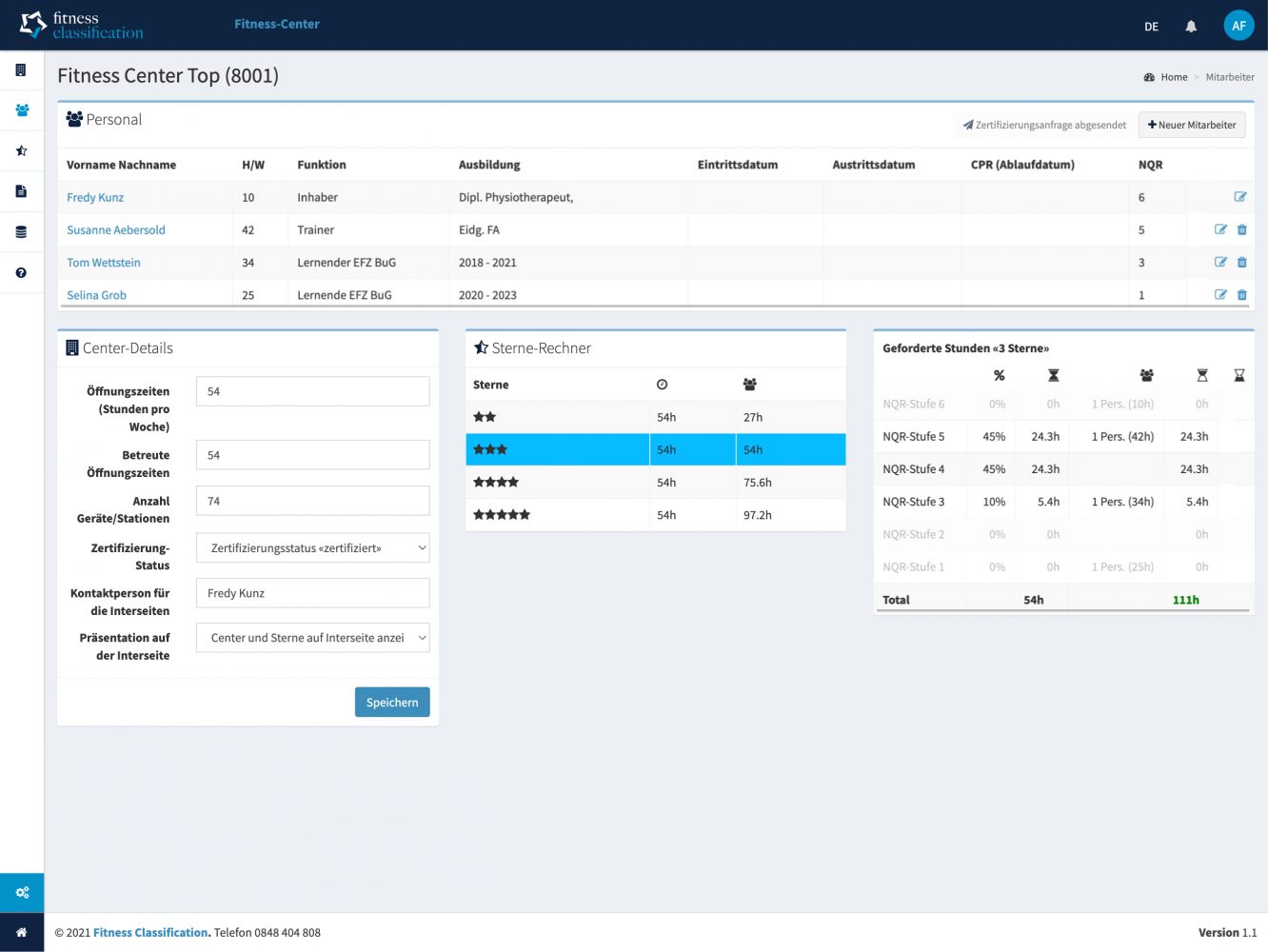 Zertifizierungssoftware Fitness Classification – Personal, Center-Details und Sterne-Rechner