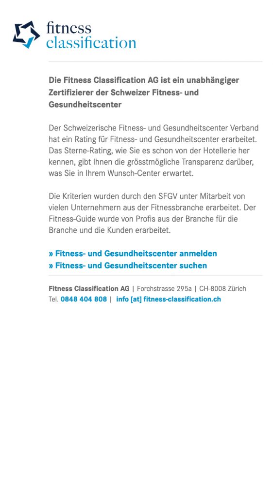 Erscheinungsbild und Internetauftritt Fitness Classification AG – mobile Ansicht