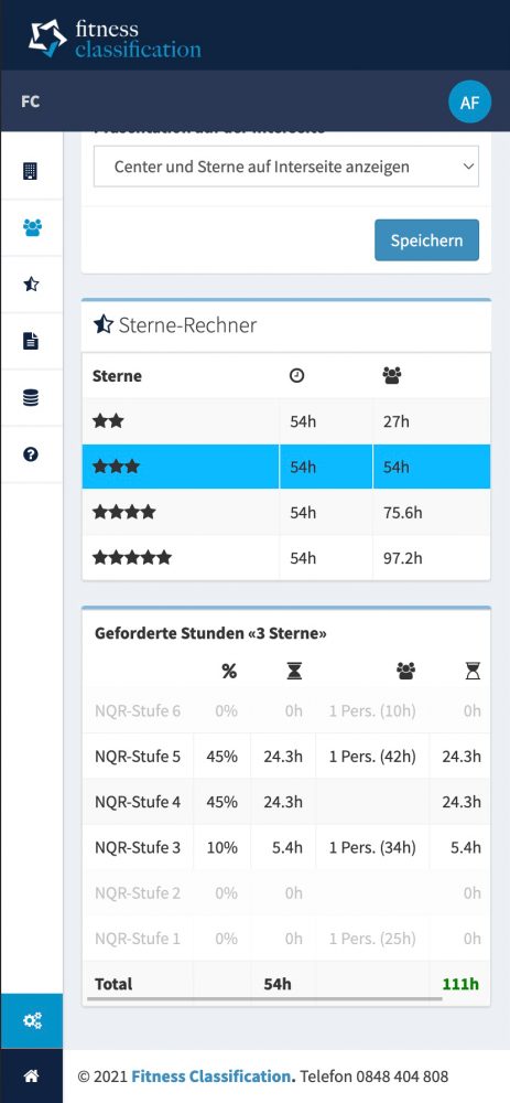 Zertifizierungssoftware Fitness Classification – Sterne-Rechner in der mobilen Ansicht