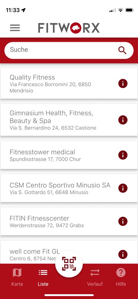 FITWORX App – Gastcenter als durchsuchbare Liste