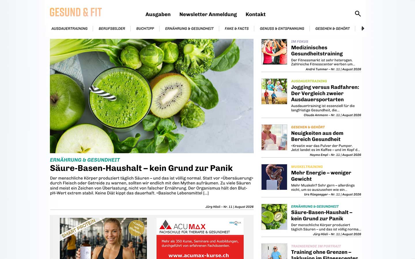 «Gesund & Fit» – redaktionelle Plattform – Desktop-Ansicht