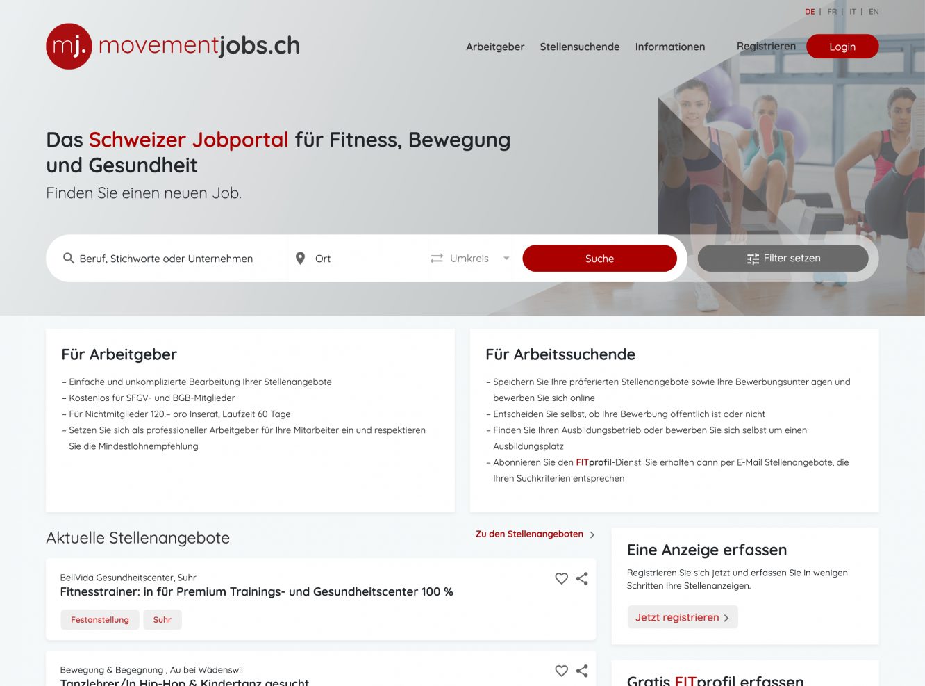 Schweizer Stellenportal für Fitness, Bewegung und Gesundheit – Desktop-Ansicht