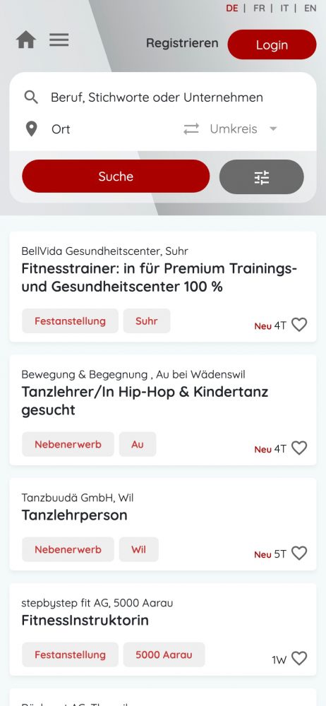 Schweizer Stellenportal für Fitness, Bewegung und Gesundheit – mobile Ansicht