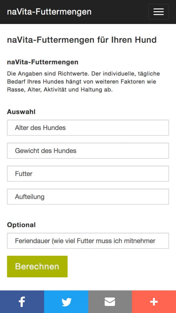 Navita Futtermengenrechner – mobile Ansicht