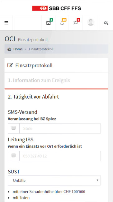 SBB Konzept- und Designstudie Einsatzrapport – mobile Ansicht