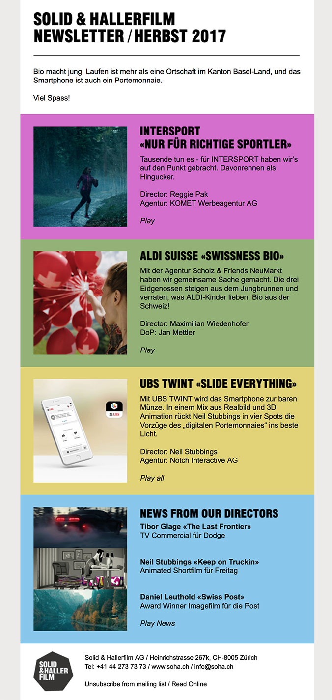 Newsletter-Umgebung Solid & Hallerfilm – Desktop-Ansicht