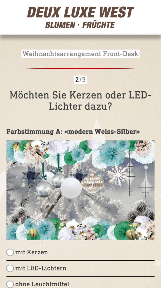 Weihnachts-Arrangement Bestellformular – mobile Ansicht
