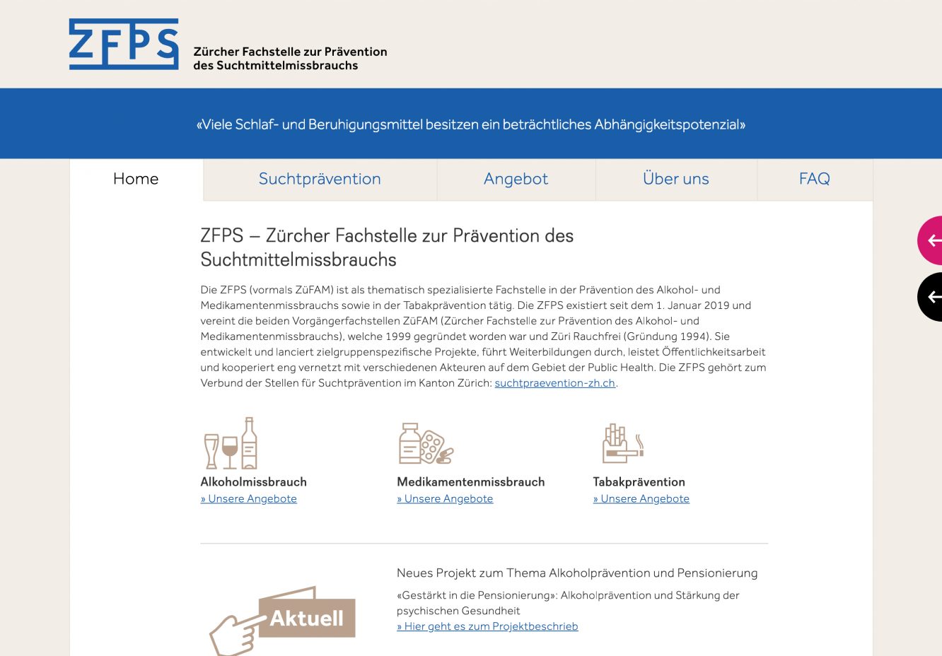 Relaunch des Internetauftritts ZFPS – Desktop-Ansicht
